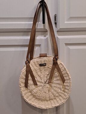 Sun And Sand Round Woven Natural Seagrass Crossbody Bag with Brown Trim & Straps